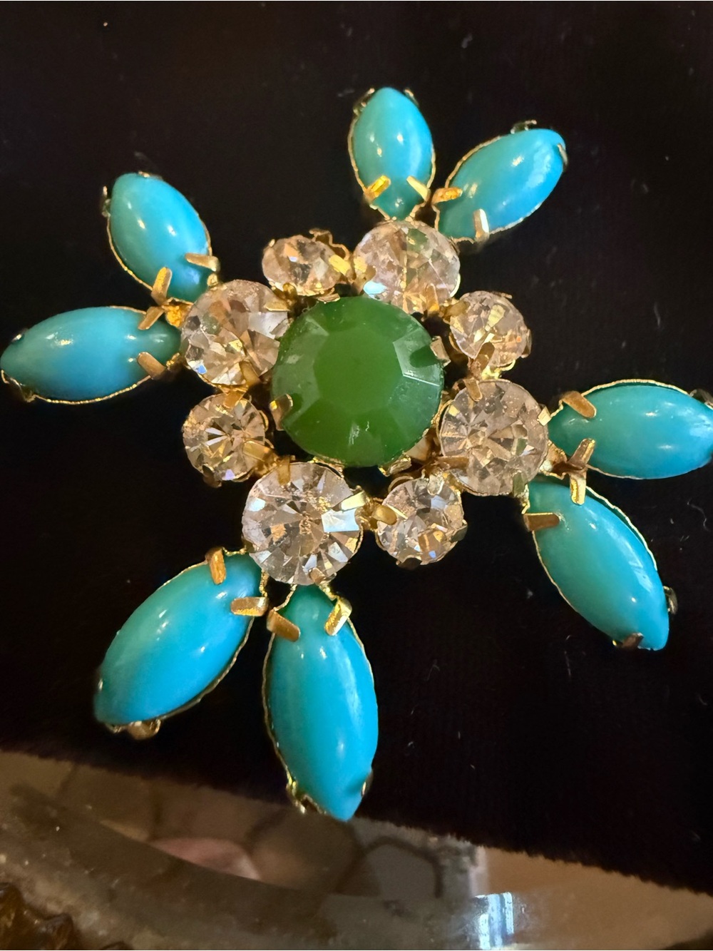 Vintage Mid-Century Gold Starburst Brooch - Turquoise & Green Rhinestone Stateme
